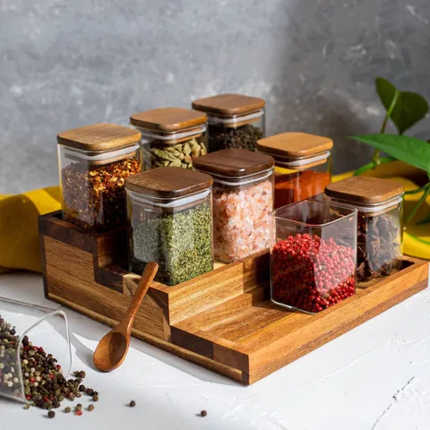 Square Borosilicate Glass Spice Jars With Wooden Lid Sealed Seasoning Bottles Kitchen Storage Clear Containers For Herbs Salt Sugar