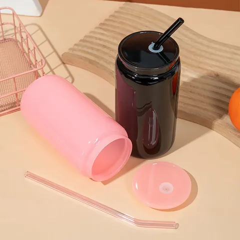 Can Shaped Glass Cup With Plastic Lid And Glass Straw Clear Beverage Tumbler For Iced Coffee Beer Soda Drinkware For Home Office