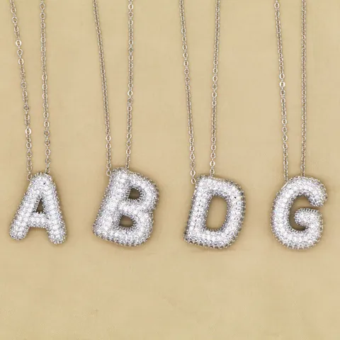 Hip Hop Ballon Buchstabenkette Glänzende Pave Zirkonia Initialen Anhänger Kette Kupfer Versilberte Alphabet Schmuck Geschenk Für Damen