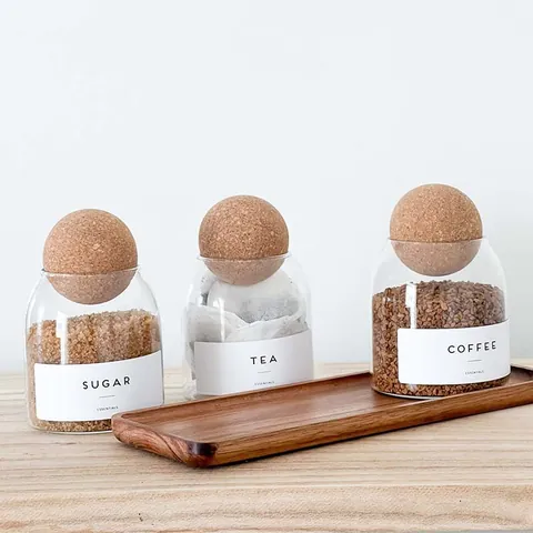 Glass Storage Jars Set With Cork Ball Lid And Acacia Wood Tray Clear Kitchen Food Container For Tea Coffee Sugar Essentials