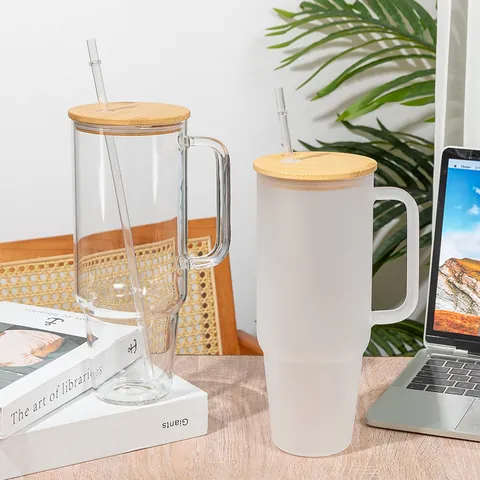 Vaso de Vidrio de 40oz Con Tapa de Bambú y Mango Gran Capacidad Vidrio de Borosilicato con Pajita para Coche Hogar Oficina
