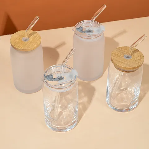 Can Shaped Glass Cups with Bamboo Lids and Straws 16oz Beer Can Glasses Clear Frosted Glass Cups For Iced Coffee Milk Soda Drinks Kitchen Glassware