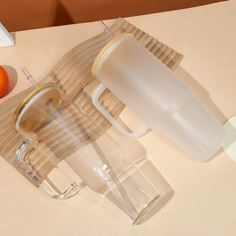 Vaso de Vidrio de 40oz Con Tapa de Bambú y Mango Gran Capacidad Vidrio de Borosilicato con Pajita para Coche Hogar Oficina