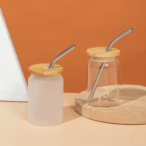 Copa de Vino de Vidrio de Borosilicato Moderna Forma de Lata Con Tapa de Bambú Pajita de Acero Inoxidable Mini Vaso Bar