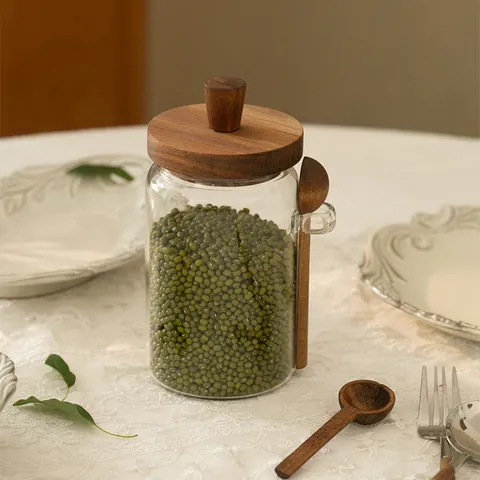 Acacia Wood Lid With Spoon Glass Seal Jar Kitchen Cereal Storage Container Airtight Glass Food Canister Sugar Bean Organizer