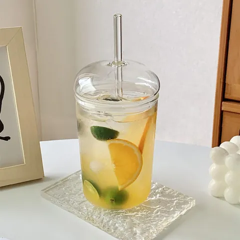 500ml Borosilikatglas Strohhalm Becher Mit Kuppeldeckel Hitzebeständig Klarer Saft Milch Kaffee Becher Nordischer Stil Rundes Trinkglas