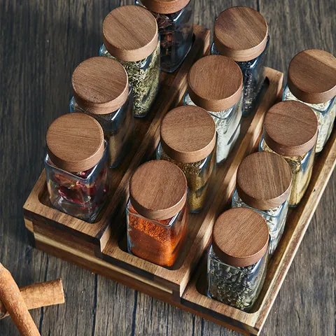 Tarros de Cristal Cuadrados Sin Plomo Para Especias Con Tapas de Madera de Acacia Frascos de Almacenamiento Etiquetas Embudo