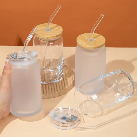 Can-Shaped Glass Cup With Bamboo Lid And Glass Straw Thick Bottom Soda-Lime Glass Drinking Cup For Iced Coffee Milk Juice Home