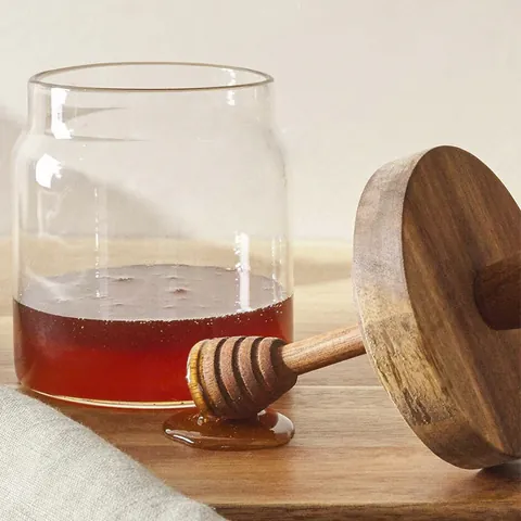 Clear Glass Honey Jar With Acacia Wood Lid And Stirring Rod Round Airtight Food Storage Container For Kitchen Fruit Jam Nut Jar