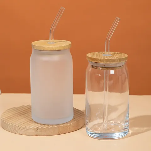 Can Shaped Glass Cups with Bamboo Lids and Straws 16oz Beer Can Glasses Clear Frosted Glass Cups For Iced Coffee Milk Soda Drinks Kitchen Glassware