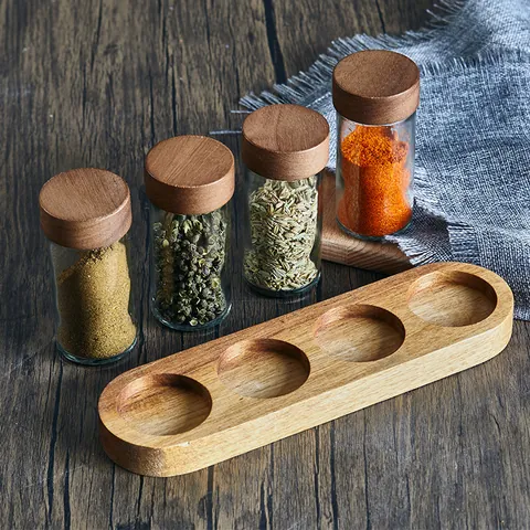 Japanese Style Round Glass Spice Jar Set With Acacia Wood Lid And Base 4-Piece Seasoning Bottle Kitchen Organizer Set