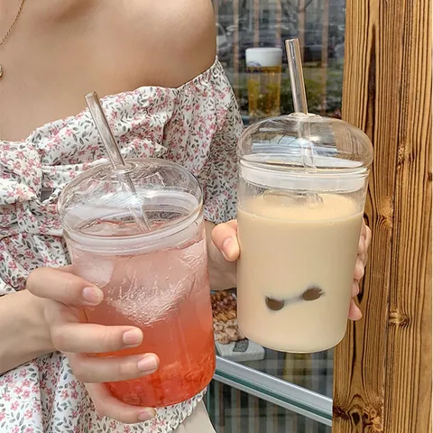 500ml Borosilikatglas Strohhalm Becher Mit Kuppeldeckel Hitzebeständig Klarer Saft Milch Kaffee Becher Nordischer Stil Rundes Trinkglas