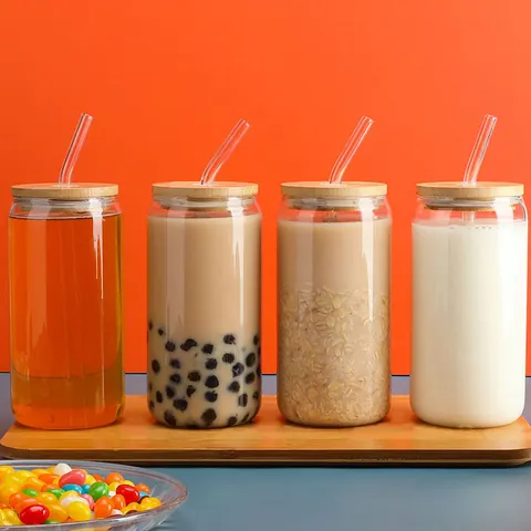 Clear Borosilicate Glass Can Cup With Bamboo Lid Glass Straw Cleaning Brush For Iced Coffee Tea Beer Milk Water