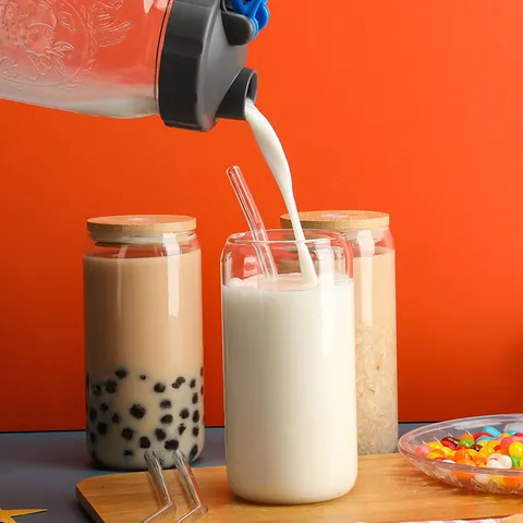 Clear Borosilicate Glass Can Cup With Bamboo Lid Glass Straw Cleaning Brush For Iced Coffee Tea Beer Milk Water
