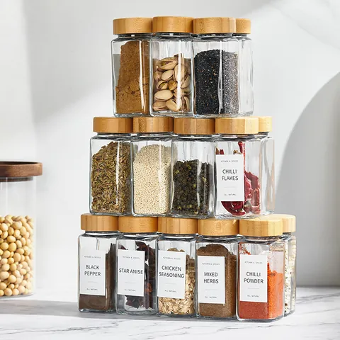 Tarros de Cristal Cuadrados Sin Plomo Para Especias Con Tapas de Madera de Acacia Frascos de Almacenamiento Etiquetas Embudo