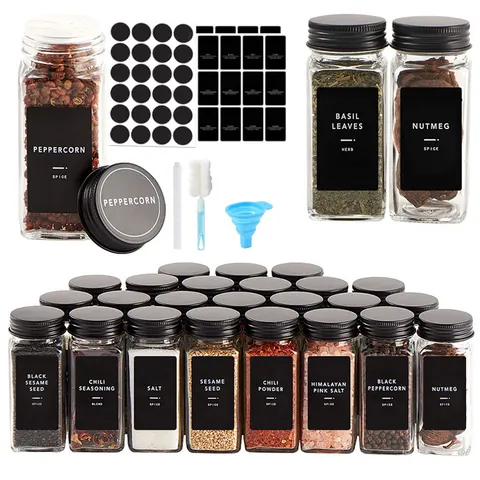 Juego de Tarros de Cristal Cuadrados para Especias Tapa de Aluminio Bambú Madera Embudo Etiquetas Tiza Pincel Cocina Botellas de Condimento