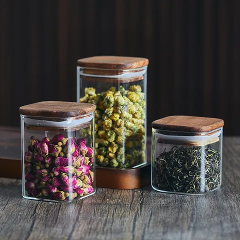 Quadratisches Vorratsglas Aus Borosilikatglas Mit Akazienholzdeckel Luftdichter Lebensmittelbehälter Klare Gewürzdose Für Küche Tee Bohnen Lagerung