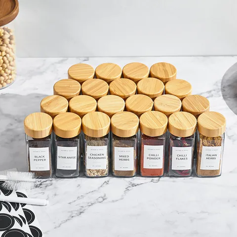 Frascos de Vidrio para Especias con Tapas de Bambú Madera de Acacia Etiquetas Embudo Cepillo Botellas de Condimentos