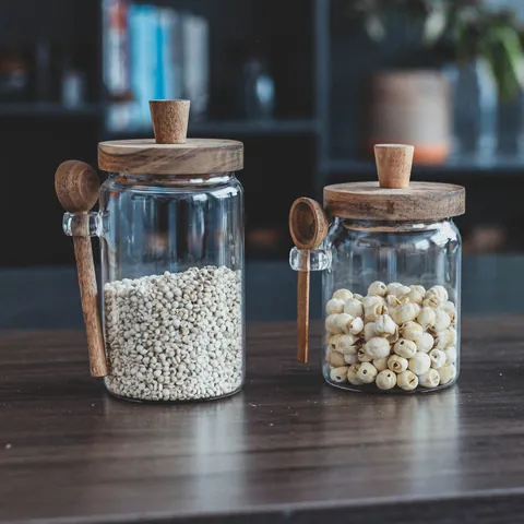 Acacia Wood Lid With Spoon Glass Seal Jar Kitchen Cereal Storage Container Airtight Glass Food Canister Sugar Bean Organizer