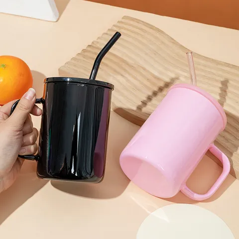 High Borosilicate Glass Mug With Lid And Glass Straw 17oz Solid Color Drinking Cup For Coffee Tea Home Office Water Bottle