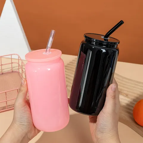 Can Shaped Glass Cup With Plastic Lid And Glass Straw Clear Beverage Tumbler For Iced Coffee Beer Soda Drinkware For Home Office