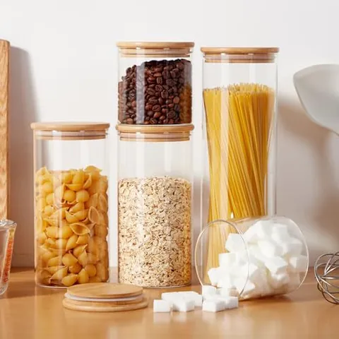 5-Piece Borosilicate Glass Sealed Jar Set With Airtight Bamboo Lids Transparent Food Storage Containers For Kitchen Pantry Cereal Spaghetti