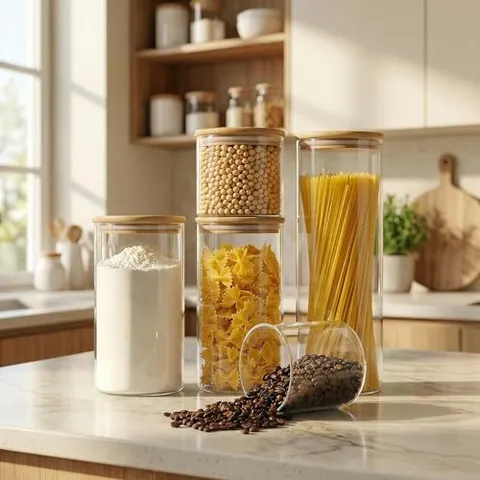 5-Piece Borosilicate Glass Sealed Jar Set With Airtight Bamboo Lids Transparent Food Storage Containers For Kitchen Pantry Cereal Spaghetti