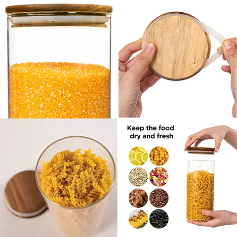 Transparent Borosilicate Glass Storage Jars With Airtight Wooden Lids Kitchen Food Containers For Grains Pasta Coffee Bean Organization