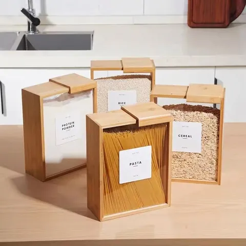 Modern Bamboo Sliding Lid Cereal Storage Box Transparent Acrylic Kitchen Food Container For Grains Flour Pasta Rice Organizer