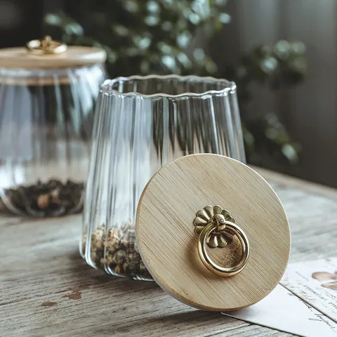 Bocal de Conservation en Verre Transparent Cannelé Avec Couvercle en Bambou Et Cuillère Poignée Anneau Doré Récipient Alimentaire pour Cuisine Thé Café Grains