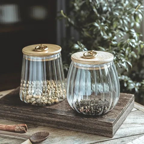 Bocal de Conservation en Verre Transparent Cannelé Avec Couvercle en Bambou Et Cuillère Poignée Anneau Doré Récipient Alimentaire pour Cuisine Thé Café Grains
