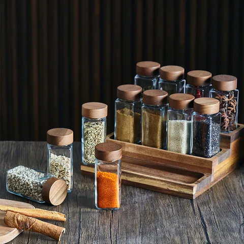 Acacia Wood Lid Glass Spice Jars Set Square Seasoning Bottles With Labels Funnel Brush For Kitchen Organization Storage