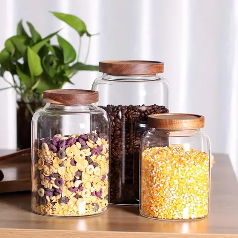 Borosilicate Glass Storage Jar With Acacia Wood Lid Airtight Food Container Transparent Cylindrical Kitchen Storage Jar