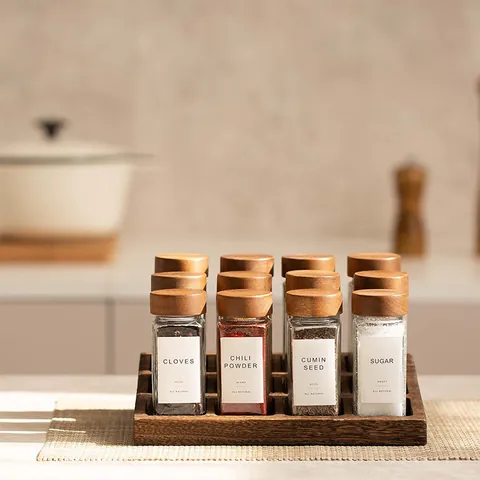 Square Glass Spice Jars With Wooden Bamboo Lids Labels Markers Funnel Brush Set 4oz Clear Seasoning Bottles Storage Jar