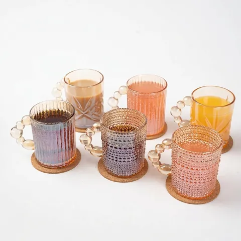 Amber Glass Mug Set With Pearl Bubble Handle Relief Texture Stripe Polka Dot Nordic Style Drinkware Drinking Cup For Coffee Milk Juice Breakfast Kitchen Home Decoration With Round Cork Coasters