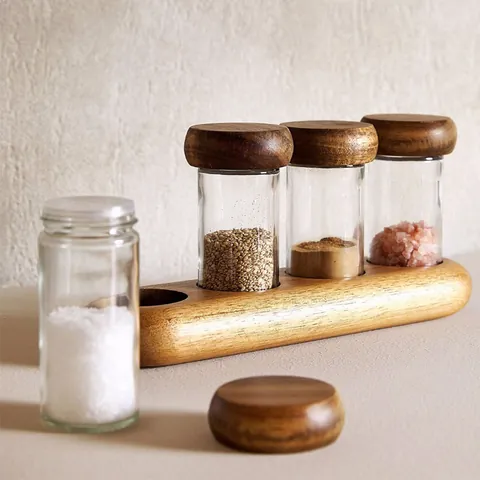 Acacia Wood Cover Glass Spice Jar With Base Round Clear Glass Storage Bottle Jar For Kitchen Organization Salt Pepper Shakers