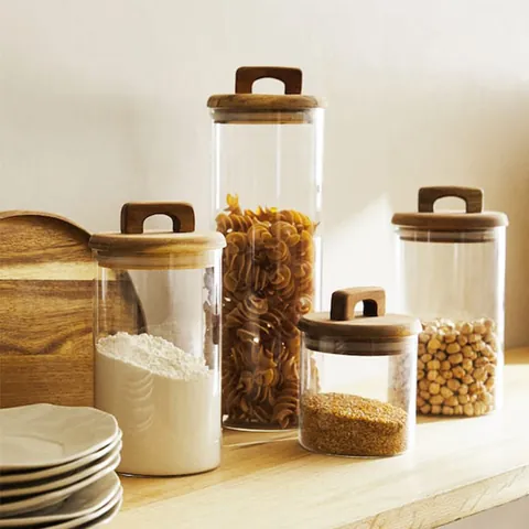 Hand Blown Borosilicate Glass Storage Jar With Acacia Wood Handle Lid Airtight Food Canister For Kitchen Grain Coffee Bean Dried Fruit Tea