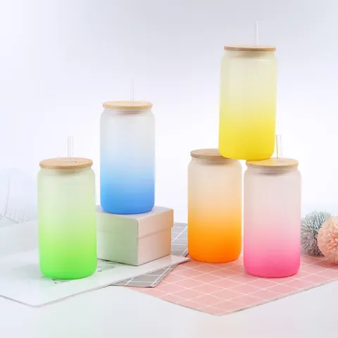 Sublimation Gradient Frosted Glass Cup With Bamboo Lid And Glass Straw Can Shaped Mason Jar For Cold Drinks Milk Water Cup