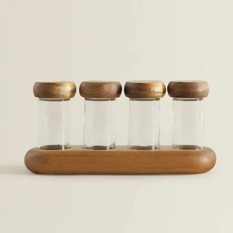 Acacia Wood Cover Glass Spice Jar With Base Round Clear Glass Storage Bottle Jar For Kitchen Organization Salt Pepper Shakers