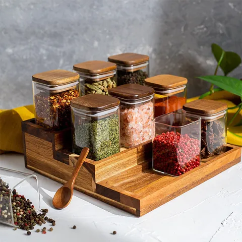 Tarros de Especias Cuadrados de Vidrio de Borosilicato Con Tapa de Madera Botellas de Condimentos Selladas Contenedores de Almacenamiento de Cocina