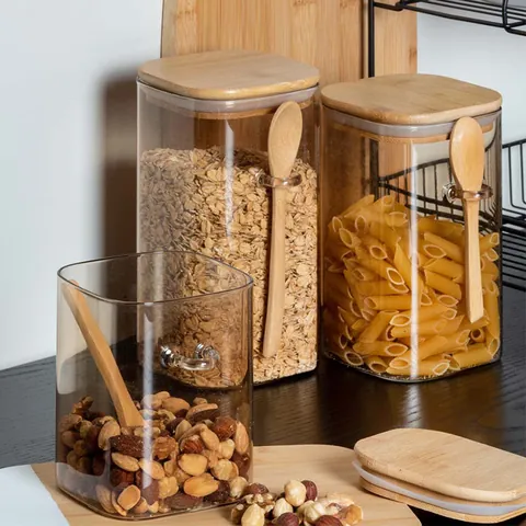 Square High Borosilicate Glass Storage Jar With Airtight Bamboo Lid And Wooden Spoon Transparent Food Container For Kitchen Organization Grains Spices Nuts