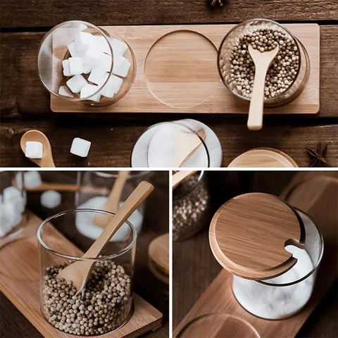 Transparent Glass Seasoning Jars With Bamboo Lids Wooden Spoons And Base Household Kitchen Spice Storage Organizer Cruet Bottle