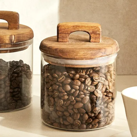 Japanese Acacia Wood Lid Glass Sealed Jar High Borosilicate Transparent Food Storage Container With Handle For Coffee Grains Kitchen Organization