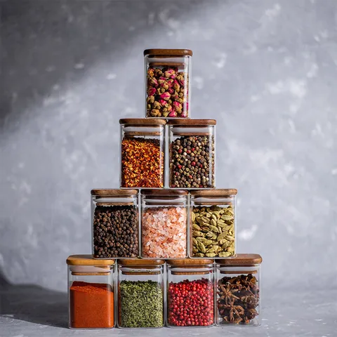 Tarros de Especias Cuadrados de Vidrio de Borosilicato Con Tapa de Madera Botellas de Condimentos Selladas Contenedores de Almacenamiento de Cocina