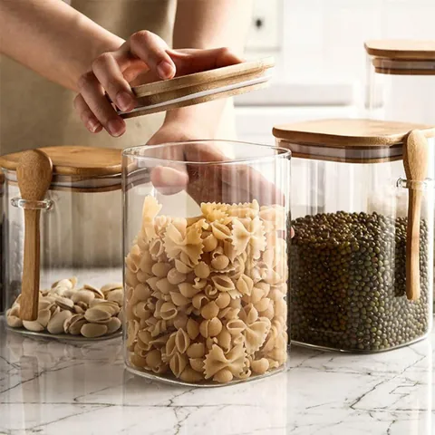 Square High Borosilicate Glass Storage Jar With Airtight Bamboo Lid And Wooden Spoon Transparent Food Container For Kitchen Organization Grains Spices Nuts
