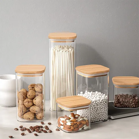 Square High Borosilicate Glass Storage Jar With Airtight Bamboo Lid Kitchen Sealed Food Container For Grain Spice Coffee
