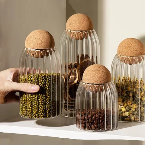 Borosilicate Glass Food Storage Jar Ribbed Glass Seal Canister With Round Ball Cork Lid Airtight Kitchen Organization Container For Coffee Tea Beans Nuts