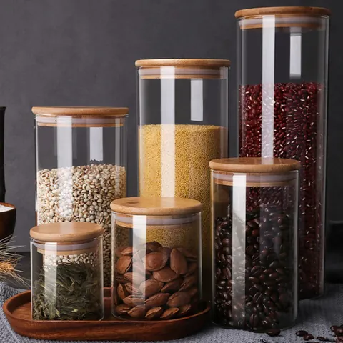 Transparent Round Glass Food Storage Jar With Airtight Bamboo Lid Kitchen Organization For Beans Grain Snacks Storage Pantry Container