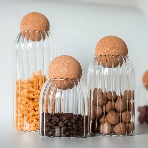 Borosilicate Glass Food Storage Jar Ribbed Glass Seal Canister With Round Ball Cork Lid Airtight Kitchen Organization Container For Coffee Tea Beans Nuts