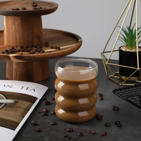 Modern Minimalist Heat-Resistant Glass Cup Transparent Ribbed Caterpillar Design Glass For Milk Coffee Breakfast Juice 300ml